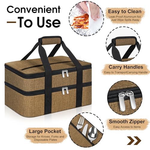 Double Insulated Casserole Carrier, Portable Casserole Carrier for Hot or Cold Food Lunch Tote Warmer or Cooler Bag, Lasagna Lunch Bag for Potluck Parties- Fits 9" x 13" Baking Dish-Coffee - color: Coffee, size: 16x10x7.2 in
