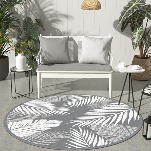 GENIMO Outdoor Rug 8' Round Waterproof for Patios Clearance, Reversible Outdoor Plastic Straw Camping Rug Carpet, Large Area Rugs Mats for RV, Camper, Deck, Balcony, Porch, Beach, Picnic, Grey&White - color: Grey & White | Waterproof, size: 8' (Round)