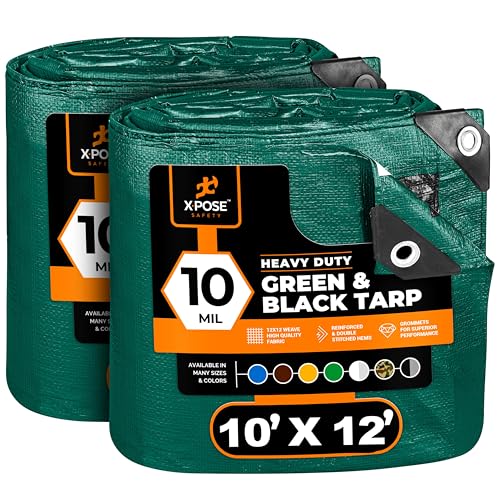 Heavy Duty Poly Tarp - 10' x 12' (2-Pack) - 10 Mil Thick Waterproof, UV Blocking Protective Cover - Reversible Green and Black - Laminated Coating - Grommets - by Xpose Safety - color: Green/Black, size: 10 Feet x 12 Feet (2pk)
