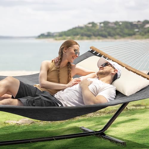 SUNCREAT Hammocks for Outside with Stand, Extra Large Double Hammocks 2 Person Heavy Duty, 450 lbs Capacity, Dark Gray - color: Dark Gray, size: 78.7 x 55.1 in, Hammock with 144 in Stand