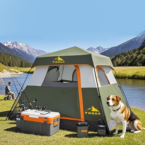 3/4 Person Camping Tent with 1 Door, 4 Windows, and Upgraded Ventilation– Instant Setup, Waterproof, 8'x 8'x 67''Oxford Fabric Floor Pop Up in 60 Seconds Includes Rainfly and Backpack - color: 4 Person Army Green