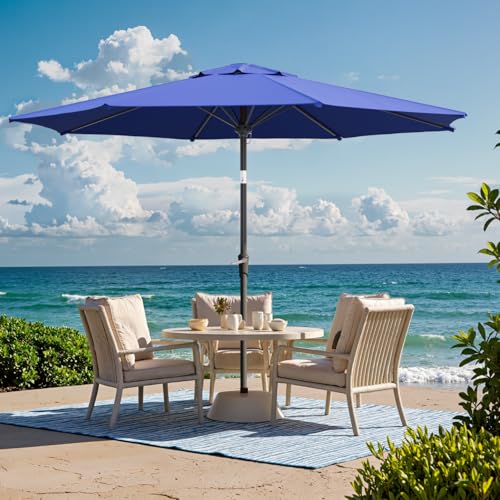 Outdoor Patio Umbrella with One Push Button Tilt and Crank, 8 Sturdy Ribs Market Table Umbrella - color: Blue-Steel Ribs, size: 10FT