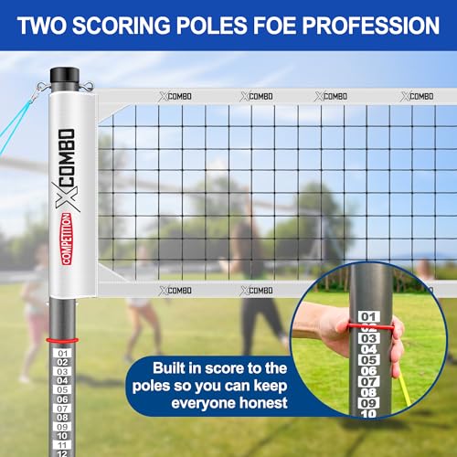 Professional Volleyball Net Set Heavy Duty for Outdoor Backyard Portable with Aluminum Adjustable Height Scoring Poles, Regulation Nets System for Tournament, Grass - color: White