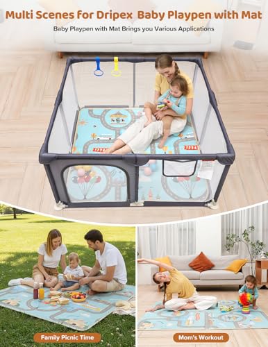 Dripex Baby Playpen with Mat, 47"x47" Play Pen for Toddlers 1-3 Years, Soft Breathable Visible Mesh, Indoor/Outdoor Portable Play Yard with Mat, Safe Baby Fence Play Area, Grey - color: Grey, size: 47"×47" with Mat