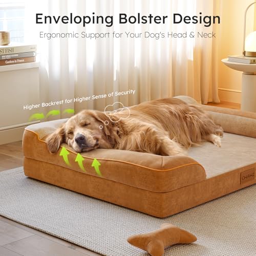 CWAWZ Extra Large Dog Bed, Orthopedic Dog Beds with Cooling Gel Memory Foam, Waterproof XL Pet Bed with Removable Washable Cover, 42" Pet Sofa Couch Dutch Velvet with Bone Toy, Brown - color: Brown, size: X-Large(42"L x 30"W x 9.5"Th)