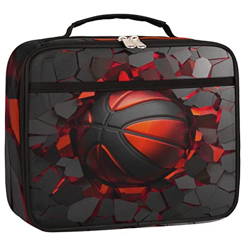 Kids Lunch Box for Boys Girls Black Red Sport Basketball Insulated Lunch Bag Reusable Small Cooler Bag Meal Containers Tote Kit for School Travel Women Men - color: red black basketball