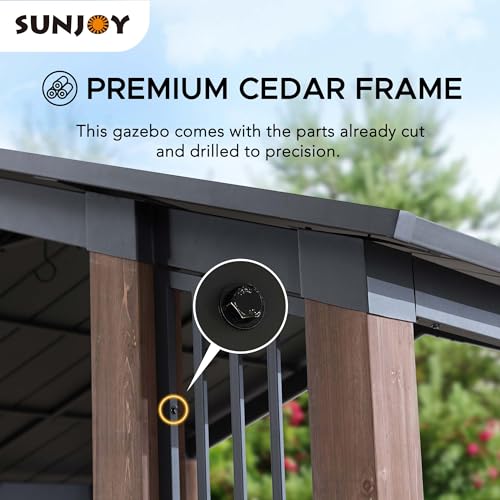 Sunjoy 11 x 13 ft. Hardtop Gazebo Outdoor Cedar Frame Wood Gazebo with Black Steel Hardtop Roof for Patio, Garden, Backyard, and Lawn Activities by SummerCove - style: Gazebo w/Stylish Design