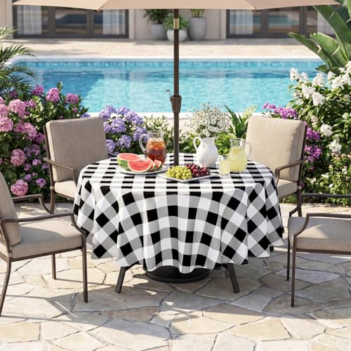 Poise3EHome Round Outdoor Tablecloth with Umbrella Hole and Zipper,Black Gingham 60 Inch,Polyester SpillProof Washable Table Cloth for Spring Summer Patio Garden Poolside Picnic Camping BBQS - color: Black Gingham, size: 60" (Round)