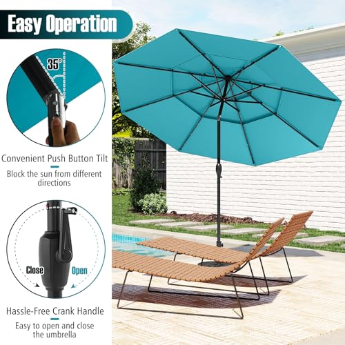 Tangkula 10 FT Solar LED Patio Umbrella, 3-Tier Vented Outdoor Market Table Umbrella with 32 LED Lights, Tilt Adjustment, Crank Handle, 8 Ribs for Backyard Pool Deck (Turquoise) - color: Turquoise