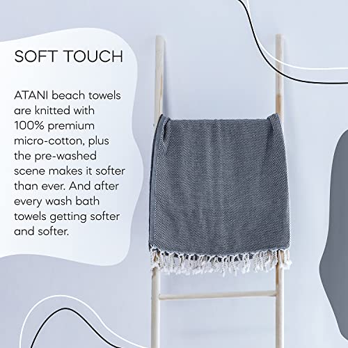 ATANI 69x35 in Oversized Turkish Beach Towel Set with Tote Bag – Quick-Dry 100% Turkish Cotton Peshtemal, Sand-Resistant, Lightweight for Shower, Travel, Pool, Yoga (Black) - color: Black + Bag, size: 35 inc x 69 inc