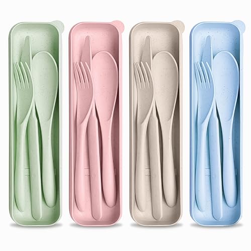 4 Sets Wheat Straw Travel Silverware with Case - Reusable Utensils Set with Case Forks and Spoons Silverware Set Lunch Box Accessories - Fork and Spoon Set Plastic Dinnerware Camping Tableware Set