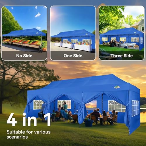 COBIZI 10x30 Heavy Duty Pop Up Canopy Tent with 8 Sidewalls Thicken Frame, Commercial Easy Up Outdoor Wedding Party Tents, All Season Waterproof Windproof with Stakes Sandbags Ropes Roller Bag, Blue - color: Blue, size: 10x30