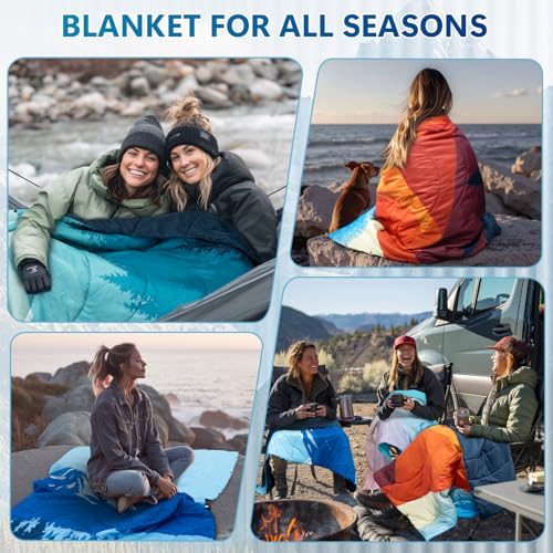 Camping Blanket Waterproof, Packable Down Alternative Puffy Printed Camp Blankets Ultra Warm Lightweight Hammock Top Quilt Outdoor Blanket for Travel Picnic Stadium Hiking Party Cold Weather 55"x78.8" - color: Blue Mountain Blanket