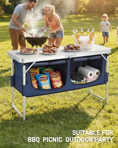 Outvita Folding Table, 4FT Aluminum Camping Table with Large Storage Space and Adjustable Height Picnic Table Lightweight for Carring Outdoor Party Events Beach - color: White, style: With blue storage bag