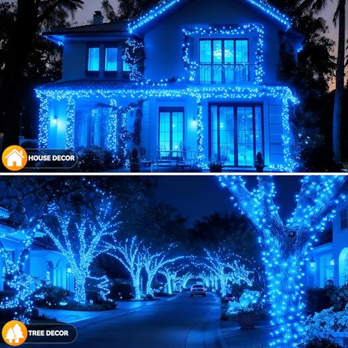 Solar String Lights Outdoor Waterproof 2 Pack Total 66ft 200LED 8 Modes Twinkle Lights Solar Fairy Lights for Patio, Garden Yard Party Wedding Tree Christmas Halloween Decoration, Blue - color: Blue
