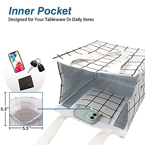 iknoe Insulated Lunch Bag for Women & Adults, 9L Foldable Wide-Open Cooler Bag with Pockets, Leakproof & Portable, for Picnic, Office, Beach(White grid) - color: White Plaid, size: Velcro Closure