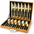 Chandler 24-Piece Gold Silverware Set for 6 with Wooden Storage Case, Stainless Steel 410 (18/0) Flatware Set, Mirror Polish Heavy Duty Cutlery Set – Knives, Forks, Spoons & Teaspoons, Dishwasher Safe