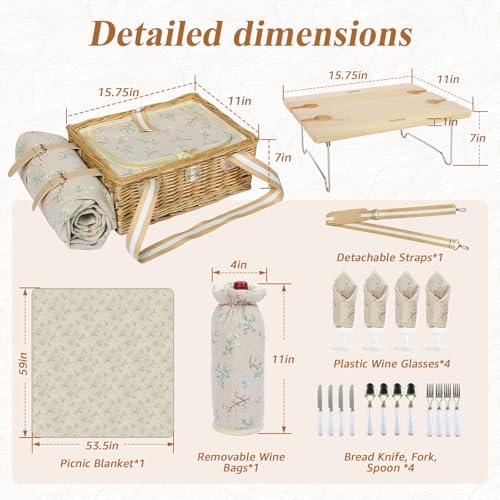 Picnic Basket for 4 with Folding Table, Large Wicker Picnic Basket Set with Waterproof Blanket and Wine Pouch, Insulated Willow Hamper with Cutlery Kit for Camping, Couples, Wedding Gift - color: Beige