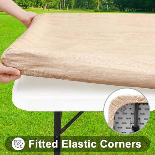 Smiry Square Table Cloth Cover, Waterproof Elastic Fitted Picnic Tablecloth, Wipeable Flannel Backed Vinyl Tablecloths for Camping, Dining, Outdoor (Beige Wood, 42" x 42") - color: Beige, size: 42" x 42" (Square)