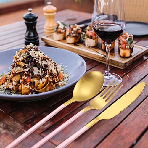AARAINBOW 6 Pieces Stainless Steel Flatware Set Portable Reusable Cutlery Set Travel Utensils Set Including Chopsticks Knife Fork Spoon Straws Cleaning Brush Dishwasher Safe (B-Pink golden) - color: B-Pink golden