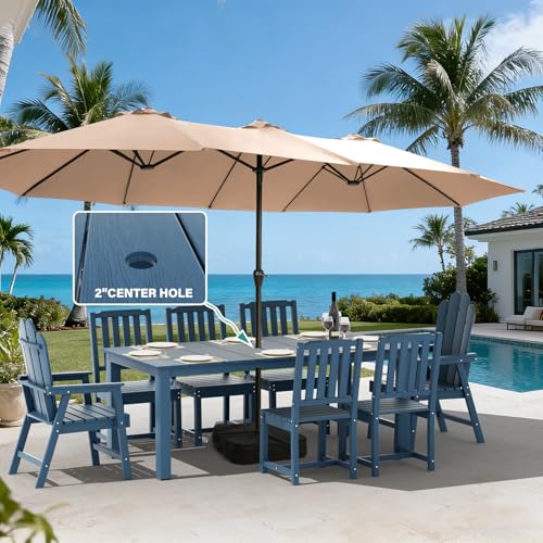 9-Piece Patio Dining Set, Outdoor Dining Set for 8, HDPE All-Weather Outdoor Furniture with 75.20” Umbrella Hole Table, 2 Armchairs & 6 Armless Chairs, Navy - color: Navy, size: 2 Armchairs & 6 Armless Chairs