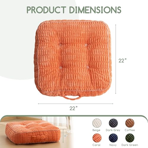 HIGOGOGO 6" Floor Pillow Cushion for Adults, Meditation Cushion Pillow, Blended Corduroy Cover, Large Square Floor Sitting for Tatami Living Room or Yoga, 2Pack, Coral - color: Square Coral, size: 6" Thick(Pack of 2)