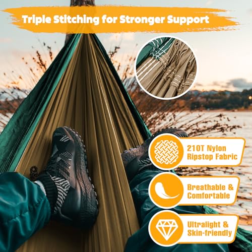 NATUREFUN Ultra-Light Travel Camping Hammock | 300kg Load Capacity,Breathable,Quick-Drying | 2 x Premium Carabiners,2 x Nylon Slings Included | Outdoor Indoor Garden - color: Camel/Olive Green, size: 300x200cm