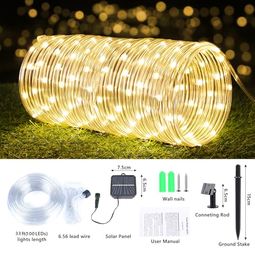 Solar Rope Lights, 33ft 100LED Solar String Lights, 8 Modes Waterproof Solar Powered Outdoor Light, Flexible Clear Tube Light for Garden, Backyard, Patio, Deck, Porch, Pool,Tree Decoration- Warm White - color: Warm White, size: 33ft