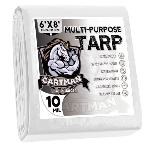 CARTMAN Finished Size 6x8 Feet 10 Mil White Heavy Duty Poly Tarp, Multipurpose Protective Cover, UV Resistant, Waterproof Poly Tarpaulin with Reinforced Edges Tarpaulin with Reinforced Edges - color: White/10mil, size: 6'×8'
