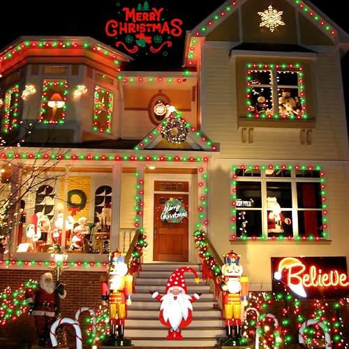 YEGUO 4 Pack Red and Green Solar Fairy Lights, Each 33ft 100 LED Christmas Lights Outdoor Waterproof, 8 Modes Sliver Wire Solar String Lights - color: Green and Red