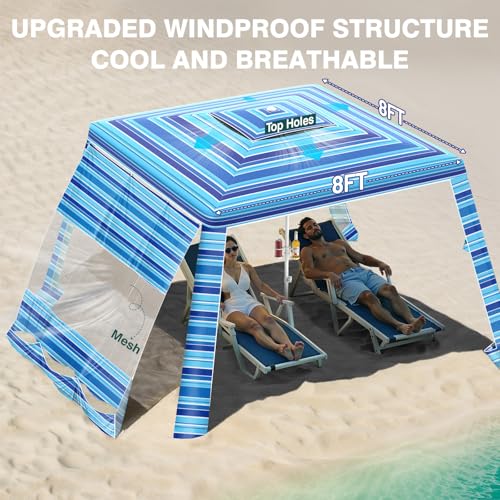 Rhino Valley Beach Cabana, 8 * 8FT Beach Tent UPF50+ Protection, Easy Setup Beach Canopy Wind Resistant with Cup Holder, Compact Beach Shade Foldable Beach Tent Sun Shelter, Blue Four Stripes - color: Blue Four Stripes