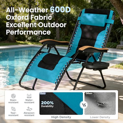 PHI VILLA XXL Oversized Padded Zero Gravity Chair Set of 2, Foldable Patio Recliner, 30" Wide Seat Anti Gravity Lounger with Armrest and Cup Holder, Support 400 LBS (Aqua Blue) - color: Aqua, style: 2 Pcs