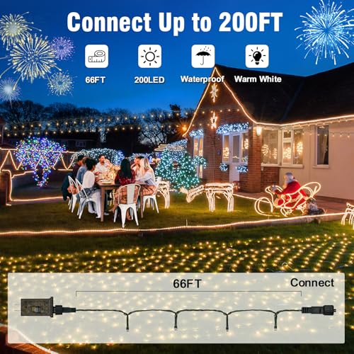 Nisocy 200 LED Christmas Connectable String Lights Outdoor Waterproof – Warm White Fairy Lights with Plug, Tree Lights for Patio, Garden, Bedroom, Wedding, Party, Decor (66FT) - style: 66FT, Warm White
