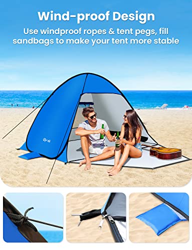 Glymnis Pop Up Beach Tent Beach Shade Tent for 1-4 Persons Sun Shelter UPF 50+ Enclose Zipper Door Portable Easy Up Beach Tent - style: Blue for 3-4 Person