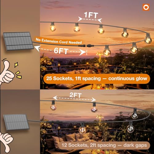 addlon 81FT(75+6) Solar String Lights Outdoor with 1FT Bulb Spacing, 75+2 Commercial G40 LED Bulbs, Solar & USB Charging, Remote, Timable, Dimmable Waterproof Patio Lights for Balcony, Porch, Yard - size: 75+6FT(75 Sockets)