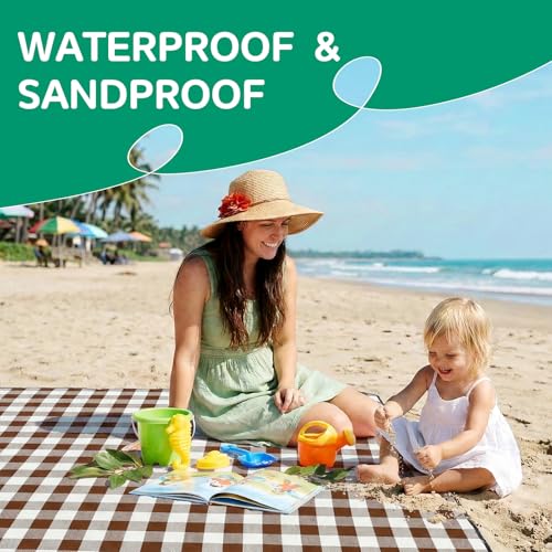 Waterproof Beach Blanket Picnic Outdoor Camping Mat Oversized Extra Large Foldable Sandproof Sand Free Resistant Big XL Giant Towel Hawaii Honeymoon Essentials Women Summer Must Have Vacation Gift - color: Plaid Beige