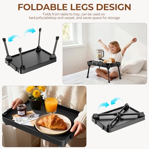 KDD Bed Tray Table with Folding Legs,Breakfast Tray with Removable Cup Holder & Phone Tablet Holder,Foldable Lap Tray for Bed, Sofa,Laptop Desk,Working,Snack, Kitchen Serving Tray,TV Table,Reading