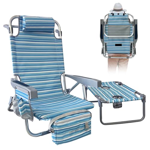 Backpack Beach Chair Aluminum with Folding Camping Table 5-Position Lay Flat Lounge Chair Outdoor for Adults with Insulated Cooler Bag and Cup Holder - color: Blue, size: 1 PACK
