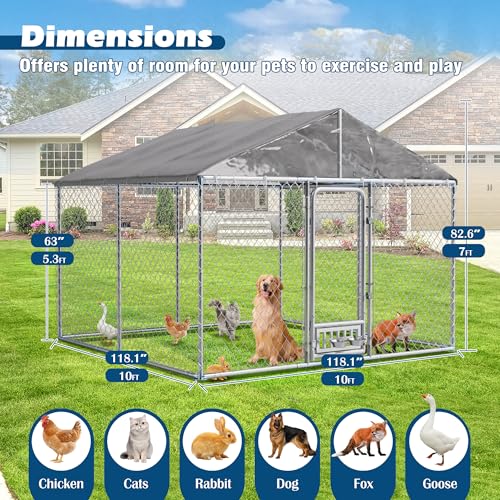 10FT Large Outdoor Dog Kennel with Roof, Heavy Duty Dog Enclosure Kennel House w/Rotating Feeder, Galvanized Chain Link Dog Runs Pet Playpen with Waterproof UV-Resistant Cover and Secure Lock - size: 118"×118"×83"-w/rotating feeders