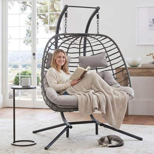 2 Person Hanging Egg Chair with Stand for Outdoor, Patio Hand Made Rattan Wicker Double Egg Swing Chairs Hammock Chair with UV Resistant Cushion and Metal Frame, Porch Swing Loveseat for Backyard - color: Light Grey