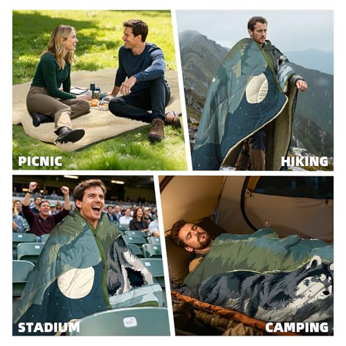 Outdoor Camping Blanket with Sherpa Lining, Extra Warm Thick Camp Blankets and Puffy Ultralight Soft Poncho DWR Camping Quilt for Cold Weather, Adventure, Sleeping, Backpacking 78"x 56" - color: Dark Blue, size: 78 x 56 inches
