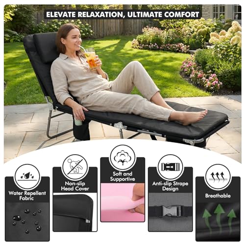 3 in 1 Women Comfort Backpack Tanning Beach Chair with Face Hole & Cushion | Portable Folding Lounge Sun Chair for Adults Outside Reading Sunbathing Poolside Camping | Reclining 6 Position - color: Black / 1 Pack