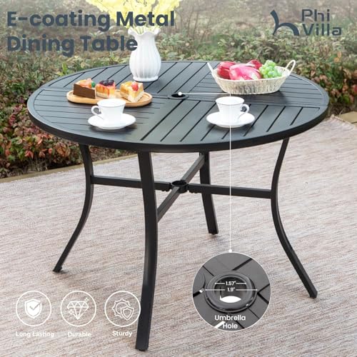 PHI VILLA 5 Pieces Outdoor Round Dining Set for 4, Wrought Iron Circle Table with Umbrella Hole & Stacking Metal Chairs, Modern Furniture Set for Patio, Deck, Backyard, Porch - color: Hexagon Back Chair, size: 5PCS-42" Round Table