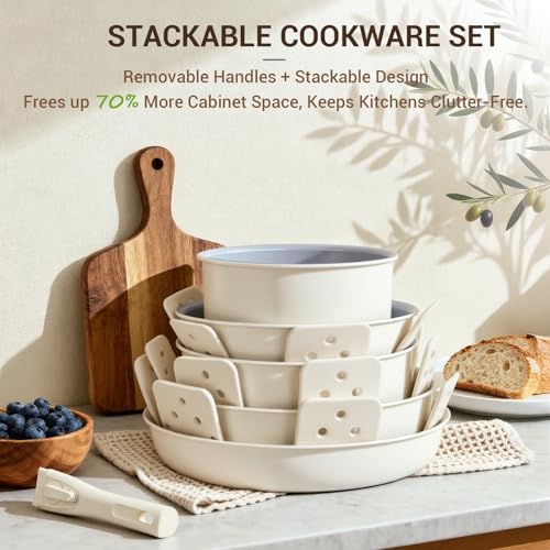 Ammeloo 18-Piece Ceramic Pots and Pans Set Non Stick, Non Toxic Cookware Set with Removable Handles, Pot Sets for Cooking, Induction Ready, Dishwasher & Oven Safe, PFAS PFOA & PTFE Free (Cream White) - color: Cream White