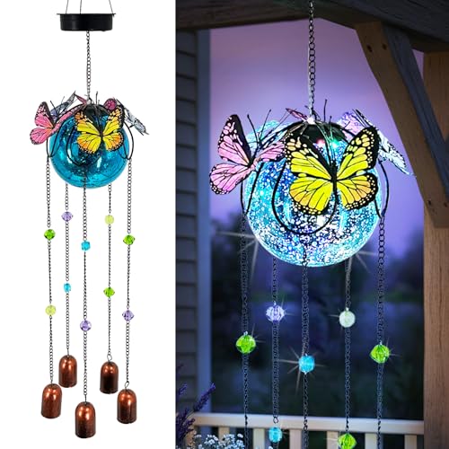 Butterfly Wind Chimes for Outside,Plastic Ball Dangle Solar Lights Outdoor,Waterproof Hanging Yard Decorations for Garden,Patio,Porch - color: Ball