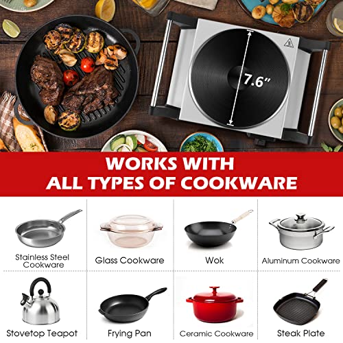 Techwood Hot Plate for Cooking, 1500W Electric Stove Countertop Single Burner with Adjustable Temperature & Stay Cool Handles, 7.5” Cooktop for Home/RV/Camp, Compatible for All Cookwares, Silver - color: Silver, size: Single Burner