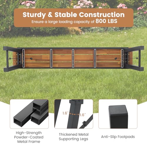 HAPPYGRILL Folding Picnic Bench Set of 2, 55” Long Rectangular Wooden Dining Camping BBQ Benches, Portable Acacia Wood Bench w/Metal Frame, Outdoor Indoor Bench Seat for Porch Garden Yard Patio Deck