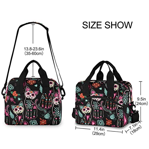 Death and Halloween Cats Insulated Lunch Bag Reusable Lunch Tote Bag Cooler Bag for Women Men Adult Lunch Box with Adjustable Shoulder Strap Leakproof Lunch Bag for Work School Picnic Camping - color: Death and Halloween Cats