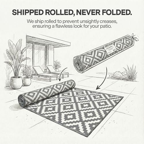 FH Home Outdoor Rug - Waterproof, Fade Resistant, Reversible - Premium Recycled Plastic - Geometric - Patio, Deck, Porch, Balcony, Laundry Room - Aztec - Gray & White Crease Free - 4 x 6 ft - color: Aztec - Gray & White, size: 4' X 6' (Rectangular)