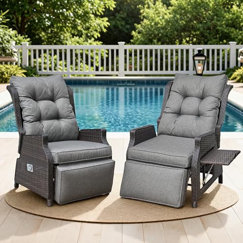 Outdoor Indoor Wicker Recliner with Adjustable Back and Footrest, Patio Reclining Chair with Flip-up Table, Outdoor Rattan Lounge Chair, Grey 2PCS - color: Grey, size: 2PCS